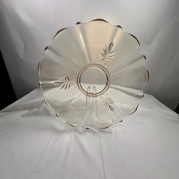 Vintage Amber Glass Scalloped Edge Dessert Cake‎ Stand Tray Floral Etched Topaz - Picture 16 of 16
